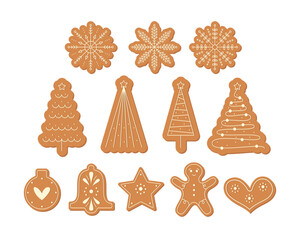 Gingerbread Cookies Set. Christmas and New Year Food Collection. Home Festive Baked Bell, Star, Heart, Gingerbread Man, Snowflakes.