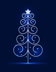 Glowing Christmas Tree. Line Art Blue Fir-tree.