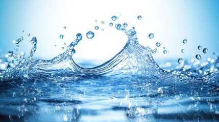 A close-up of water splashes creating dynamic shapes against a soft blue background.