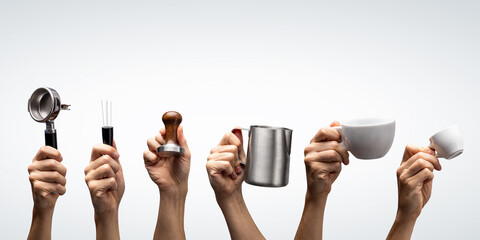 Various hands holding espresso tools and cups