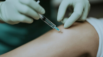 Close-up of a syringe injection administered by a gloved hand.