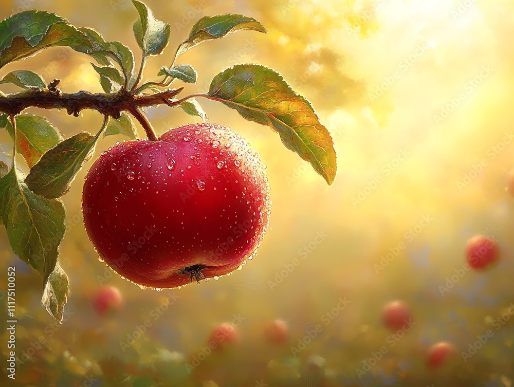 Poster a close-up of a dew-covered red apple on a branch, illuminated by soft sunlight.