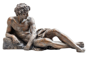 Fototapeta premium The sculpture of muscular male figure reclining naturally, with an intense gaze and powerful physique, exuding both strength and introspection, set against a transparent background