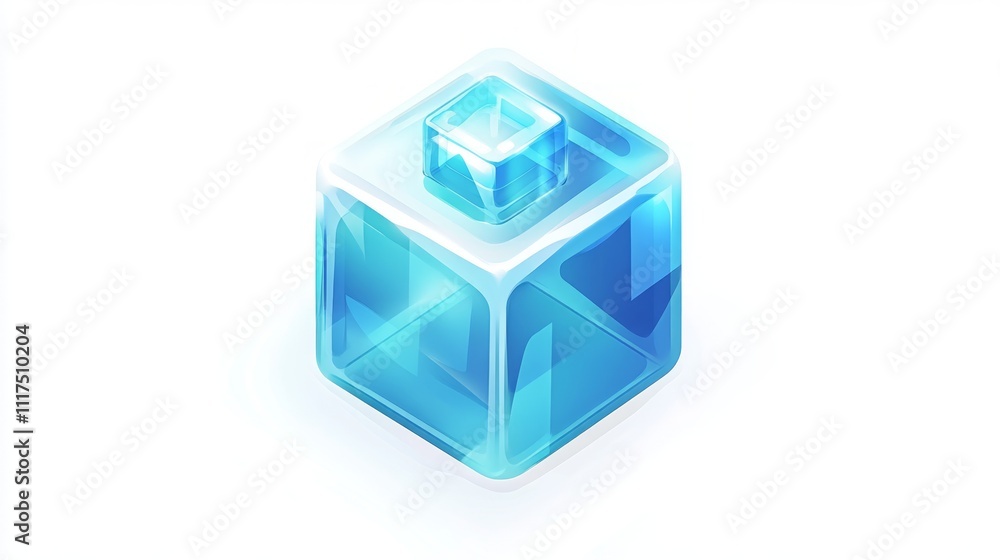 Poster isometric illustration of a translucent blue cube with a smaller cube on top.