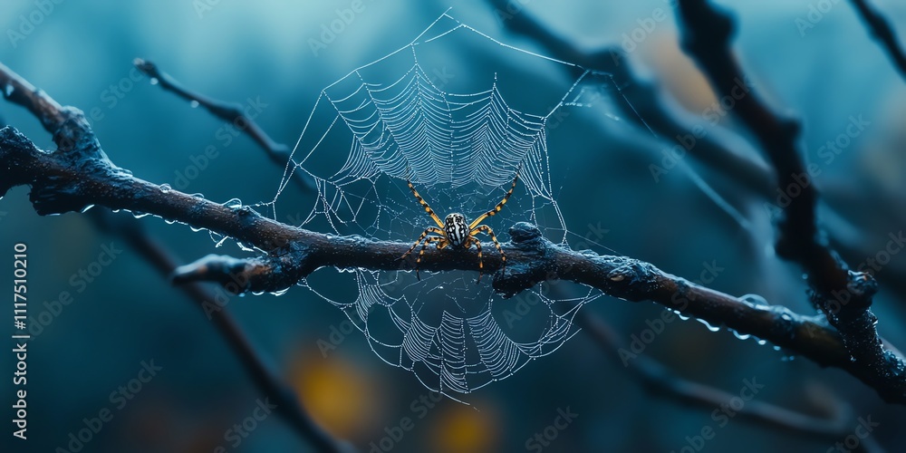 Aufkleber A close-up of a spider web adorned with dew drops, suspended between branches in a misty environment.