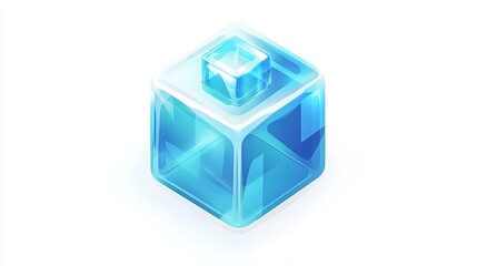 Isometric illustration of a translucent blue cube with a smaller cube on top.