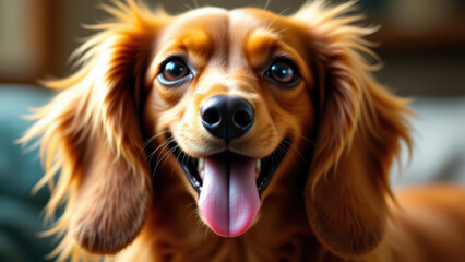 Fototapeta premium A happy long-haired Dachshund with a glossy coat sitting on a blue couch.