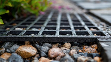 A metallic grid used as a cover for an outdoor drain, with small rocks visible beneath