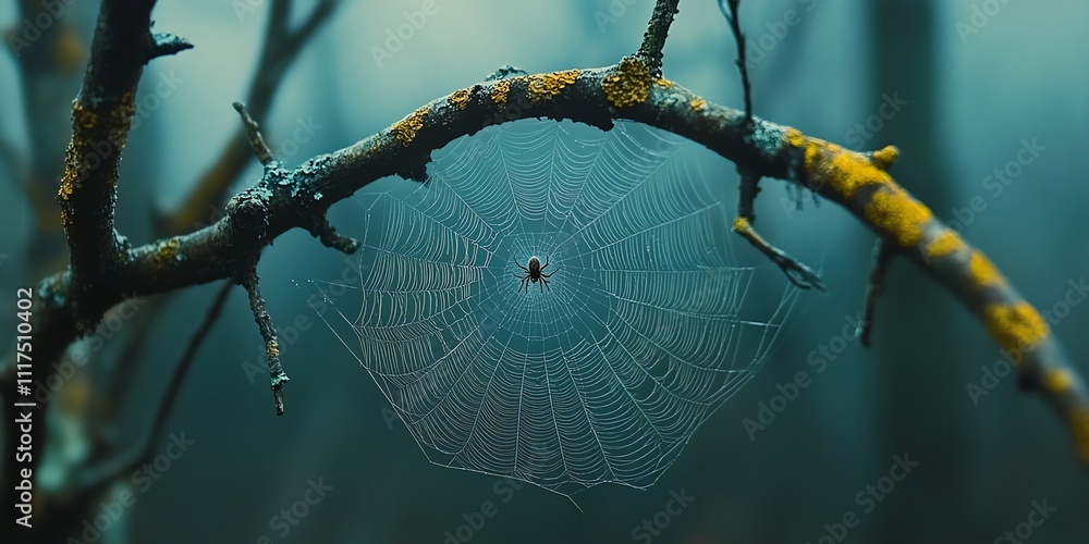 Poster a delicate spider web glistens on a branch in a misty forest setting.