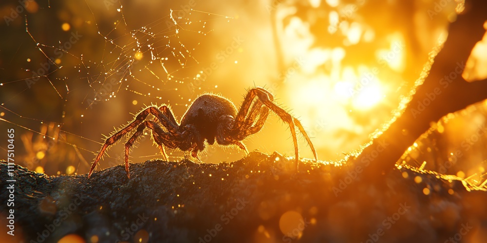 Poster a spider on a log illuminated by warm sunlight, creating a serene natural scene.