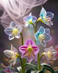 Fototapeta premium Beautiful Amaryllis flowers with translucent petals showcasing iridescent hues, creating a surreal and magical ambiance, cool spectrum amaryllis flowers. Created with generative AI
