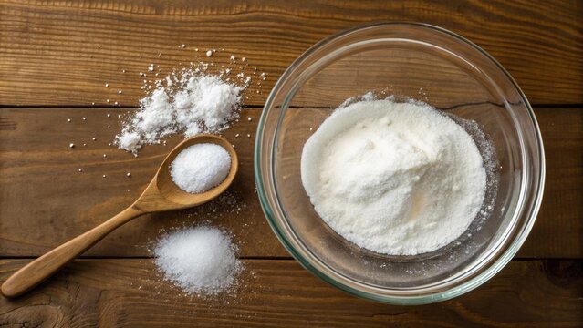 An overhead view captures the process of combining a mixture of washing soda and borax in a glass mixing bowl. The powdery substances form a light cloud as they are poured in and a