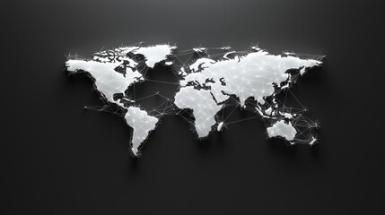 A minimalist black and white world map with glowing lines connecting major cities, representing global business networks, international trade, and economic connections.