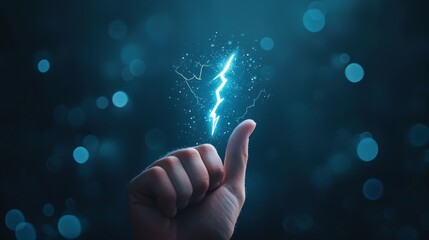 A human hand reaching out to touch a digital lightning bolt, representing the harnessing of technology and its transformative potential.
