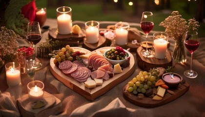 Boho Valentine Picnic: A romantic bohemian-style picnic setup with a heart-shaped charcuterie board, candles, and fairy lights.