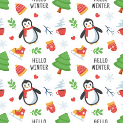 Charming Winter Seamless Pattern Design Featuring Decorative Elements in a Hand Drawn Cartoon Style Illustration Template