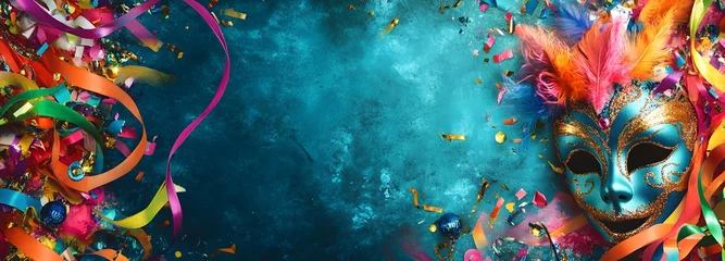 A vibrant carnival scene with colorful masks, dancers, and streamers, with a large blank space for a celebration message