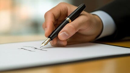 Close-Up of Hand Writing with Elegant Fountain Pen on White Paper in Professional Office Setting