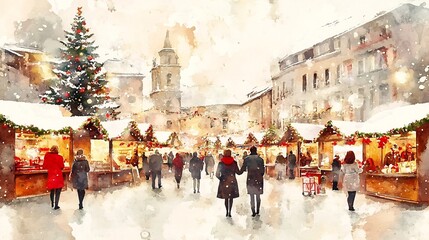 Obraz premium Festive Christmas Market in Snowy City with Lively Stalls and