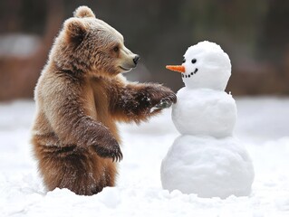 Obraz premium Playful bear interacts with snowman in winter wonderland snowy forest wildlife photography cheerful atmosphere close-up shot animal fun