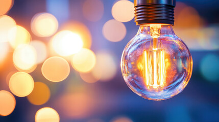 Close-up of a glowing incandescent light bulb with warm, soft bokeh lights in the background, creating a cozy and inviting atmosphere.
