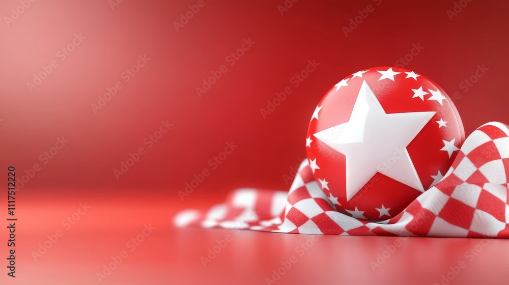 Poster 3d star badge on red background with checkered pattern
