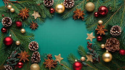 Festive Christmas Border with Pine Branches, Ornaments, and Spices on Teal Background