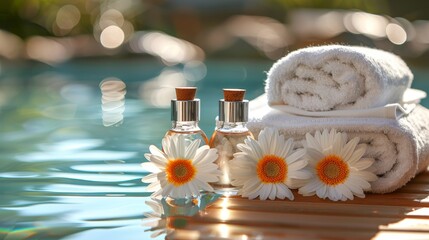 Obraz premium Aromatic oils and spa towels on wooden surface with warm light and soft bluish background accents