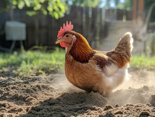Fototapeta premium Energetic chicken scavenging in backyard animal photography natural setting up-close perspective rural life concept