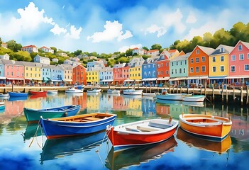 hand drawn watercolor painting of panoramic Portofino. Italian Riviera painting with blue water, beautiful lake, coastal village, colorful buildings, boats, hill background and clouds blue sky