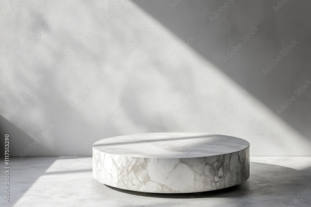Poster a round marble table in a minimalist interior with soft shadows.
