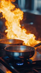 71. A close-up of stainless steel cookware on a stovetop with flames