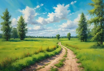 Obraz premium Sunny forest wood trees Original oil painting. Road in sun summer flowers park alley impressionism fine art hand painted landscape paintings artwork