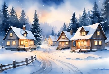 Fototapeta premium Oil paintings rural landscape, house in the snow. Winter sunset in snowy forest, old house in the forest. Fine art