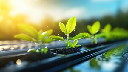 A close up shot of a rooftop garden with plants growing in a special medium that filters and purifies rainwater, illustrating innovative green infrastructure solutions for sustainable water
