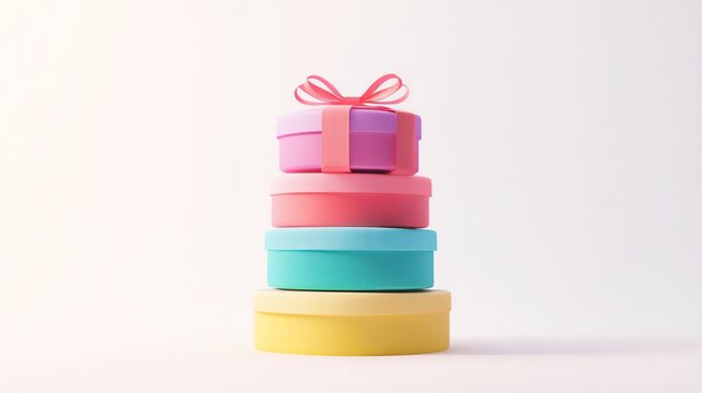 a gift box tower, stacked presentation, vibrant gradient colors with ribbons, 3D rendering, isolated on white background