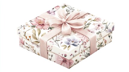 a gift box with floral print, delicate spring theme, watercolor illustration, soft pastel tones, isolated on white background