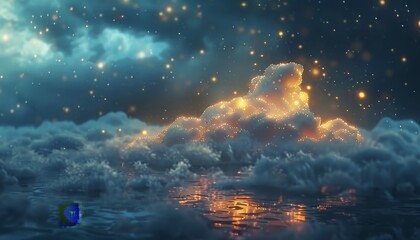 Futuristic digital technology hologram with cloud icon and data flow in blue and gold background