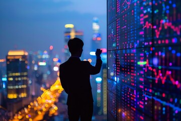 Futuristic businessman engaging with cutting edge technology in a virtual reality environment