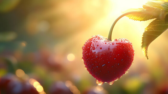 Heart-Shaped Cherry Illustration: Dewdrops at Sunrise