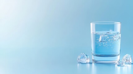 Glass of Water with Ice Cubes on Blue Background
