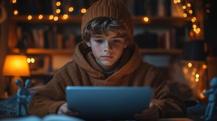 Obraz premium Boy wearing a cozy sweater and hat, sitting indoors at night, focused on a tablet screen, surrounded by warm lights and a thoughtful atmosphere, perfect for cozy home vibes and technology use.