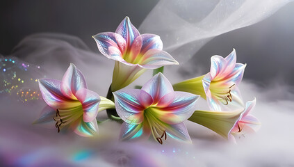 Beautiful Amaryllis flowers with translucent petals showcasing iridescent hues, creating a surreal and magical ambiance, cool spectrum amaryllis flowers. Created with generative AI