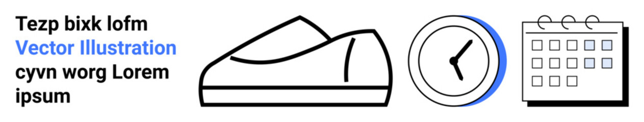 Running shoe, round clock with blue accent, and grid-style calendar page. Ideal for fitness, time management, scheduling, productivity, planning, organization, sports themes. Landing page