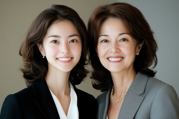 入社式に参加する笑顔の新卒の若い日本人女性と母親