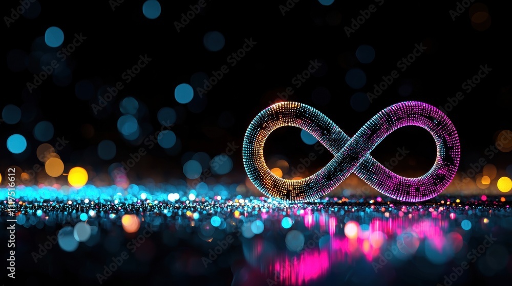 Poster an infinity symbol composed of binary code and digital elements, symbolizing the boundless potential