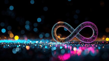 An infinity symbol composed of binary code and digital elements, symbolizing the boundless potential of technology, artificial intelligence, and the ever evolving digital landscape.