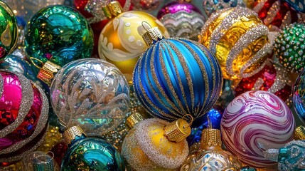 Colorful Christmas Ornaments in a Festive Close-Up Display