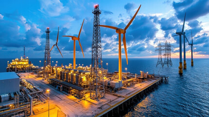 Offshore wind turbines and oil platform at sunset