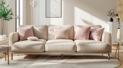 Modern living room with warm beige sofa and soft pink cushions, minimalist decor, and natural light